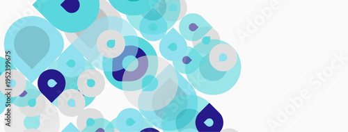 Abstract shapes overlap, creating layered visual effect. Blue, purple hues dominate white background. Modern design elements present.