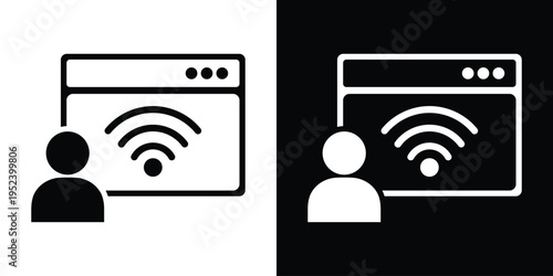 Integrated icon showing a user silhouette with a web browser and Wi-Fi signal. Represents wireless user access, internet surfing, online profile connectivity, and remote web services.