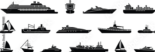 Black silhouette collection of various ships boats vessels cruise liner cargo yacht sailboat submarine tanker nautical marine transport set vector.
