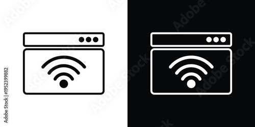 Minimalist web browser window icon featuring a Wi-Fi signal symbol inside. Clean black and white vector illustration representing online connectivity, wireless internet, and web access.