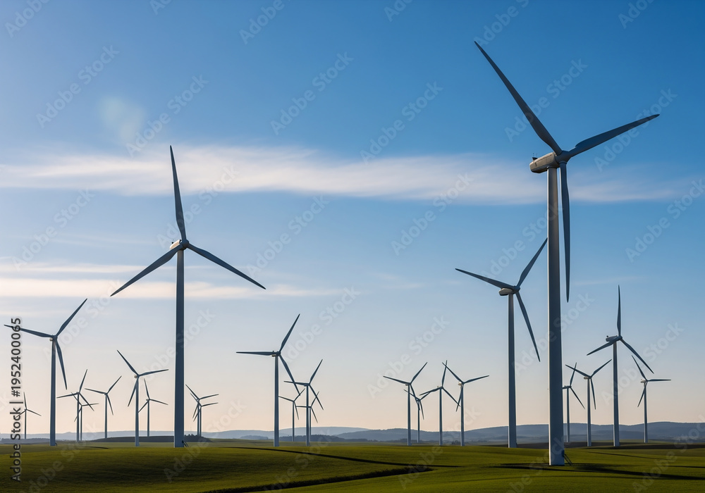 Fototapeta premium A serene landscape of wind turbines in a green field under a blue sky