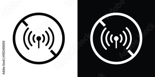 Wi-Fi signal inside a prohibition circle with a diagonal slash. Clear symbol for no internet zones, restricted wireless access, offline mode, and areas where signals are blocked.