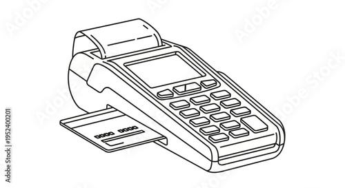 Credit Card Payment Terminal with Receipt and Card Inserted - Line Art Illustration