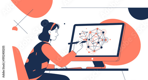 Creative Woman Designing Digital Network on Computer Screen, Graphic Design