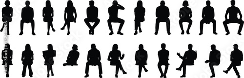 Black silhouette people sitting set diverse men women various casual sitting poses thinking talking waiting relaxed group collection vector illustration.