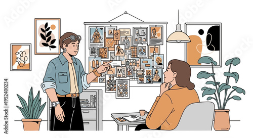 Creative team brainstorming ideas on a mood board in a modern office