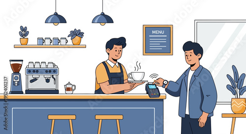 Customer making contactless payment at coffee shop counter with barista serving coffee