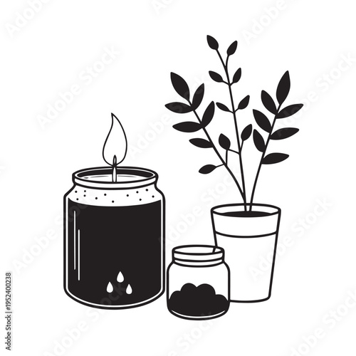 Cozy home decor elements featuring scented candle in jar potted plant and botanical ingredients for relaxation wellness lifestyle aesthetic