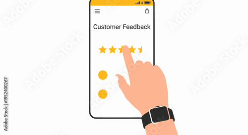 Customer feedback on smartphone screen, hand rating with stars, user experience