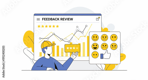 Customer feedback review with rating stars, graph and emoticons