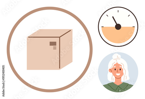 Logistics, delivery system, customer satisfaction, online shopping, shipping speed, e-commerce solutions. A cardboard package, timer symbol and customer. Logistics and delivery system illustrated