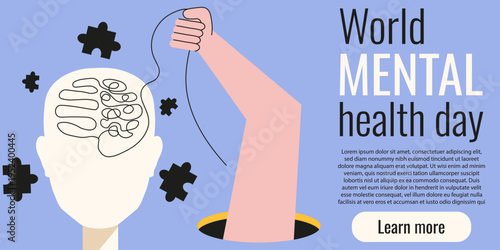 Modern World Mental Health banner design. Learn more about World Mental Health with flat hand in black hole brain and editorial text. Editable stroke EPS 10