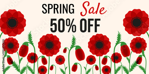 Spring SALE horizontal banner with bold business message. Elegant overlay red poppy Flowers Floral Frame with marketing SALE text isolated light beige background. Vector illustration EPS 10