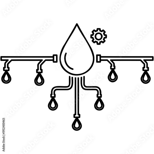 Industrial plumbing system with water droplets, mechanical gear, and central faucet icon