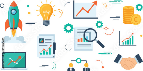 Comprehensive Business Growth Icon Set Featuring Startup Rocket Launch, Financial Analytics, Partnership Handshake, Creative Idea Bulb, and Corporate Management Strategy Vector Illustrations