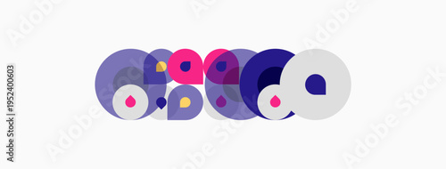 Abstract circles, purple hues dominate design. Modern, playful composition suggests creativity, technology, innovation. Minimalist aesthetic.