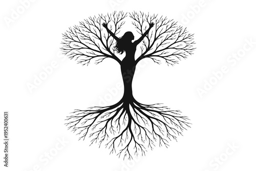 A black silhouette illustration showing a woman merging with a tree with roots and reaching branches Vector