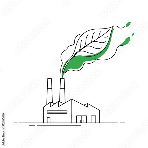 Green leaf with smoke from industrial factory, eco-friendly concept illustration