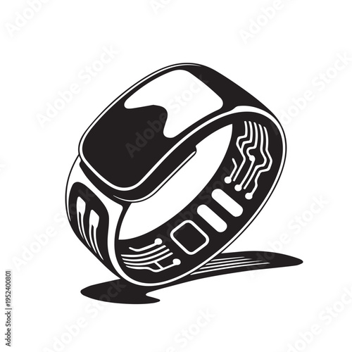 Black silhouette of fitness tracker with digital display and circuit board design on wristband isolated on transparent background