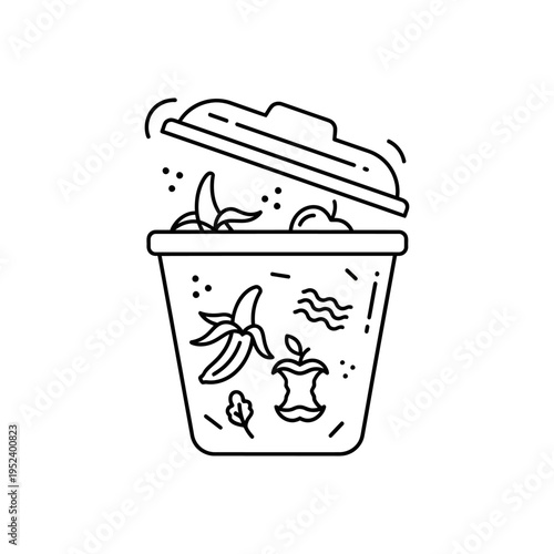Illustration of a compost bin with lid open, filled with fruit and vegetable scraps