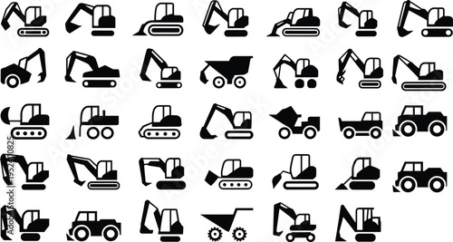 Construction Excavator Silhouettes Heavy Machinery Icons Digger Bulldozer Loader Backhoe Crane Dump Truck Vector Black Collection Set