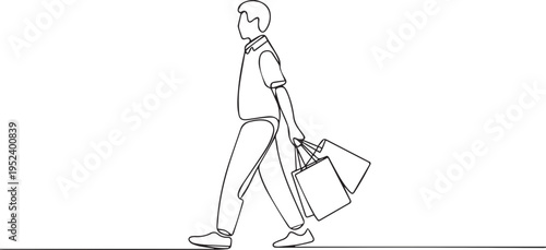 Minimal Line Art Illustration of Man Walking with Shopping Bags – Simple Outline Consumer Lifestyle Concept