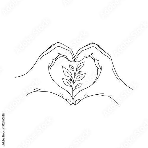 Hands forming heart shape around a small plant, symbolizing love and growth