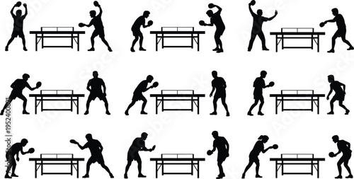 Black silhouette table tennis players set various poses serving forehand backhand smash rally ping pong athletes sport action collection vector.