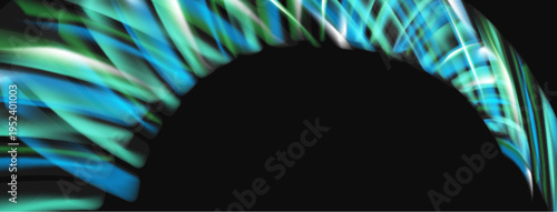 Abstract light streaks form curved shape against black background. Vivid blues, greens create dynamic visual effect.