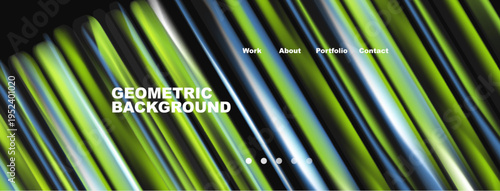 Abstract geometric lines create vibrant background. Text elements include work, about, portfolio, contact. Colors blend green, blue hues.