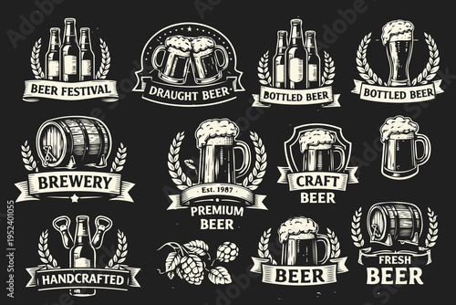 A collection of vintage style beer and brewery themed emblems and logos on a dark background Vector