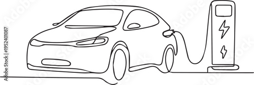 Minimal Line Art Illustration of Electric Car Charging at Station – Simple Outline EV Concept Design