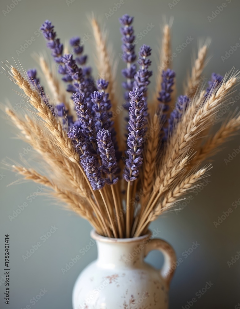 Fototapeta premium Dried lavender and wheat stalks arranged in a vintage pitcher. Soft purple blossoms contrast golden grains. Rustic country decor, natural botanical still life.