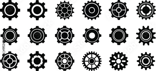 Collection of 16 gear silhouettes in various shapes and designs silhouette