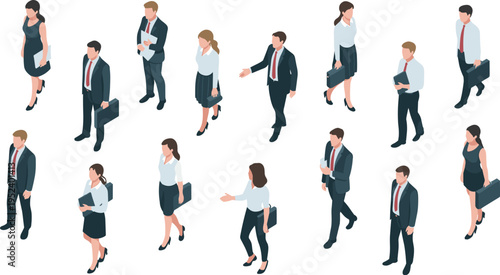 Isometric business people collection walking talking gesturing businessman businesswoman holding briefcase folder professional office team diverse characters vector set.