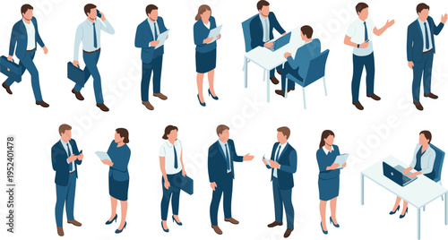 Isometric business people collection walking talking phoning gesturing businessman businesswoman holding briefcase folder laptop professional office characters vector set.