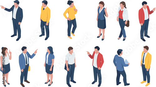 Isometric business people set gesturing pointing talking businessman businesswoman diverse poses professional office team characters vector illustration collection.