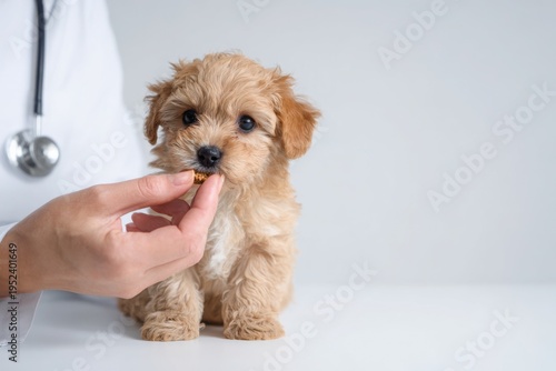 A veterinarian feeding a puppy in a clinic setting. A vet giving a treat to a dog