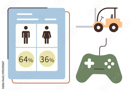 Data analysis, workplace demographics, gaming industry, gender , industrial machinery, infographic concepts. Gender statistics chart, forklift silhouette and a gaming controller. Data analysis
