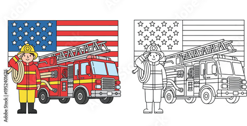 Patriotic Firefighter Saluting with Fire Truck and American Flag - Colored and Line Art Versions for Kids Coloring Page and Education