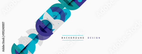 Abstract geometric shapes overlap, creating dynamic visual effect. Blue, purple, teal hues dominate white space. Text reads background design.