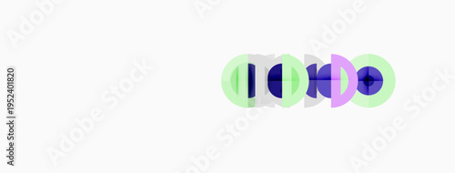 Abstract graphic design features overlapping circular shapes. Purple, blue, green hues create dynamic visual effect. Minimalist composition.