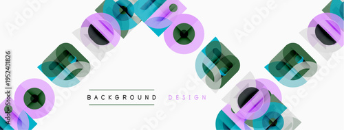 Abstract geometric shapes overlap, creating dynamic visual texture. White background emphasizes colorful design elements. Modern, clean aesthetic.