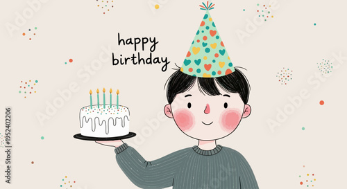 A boy wearing a party hat holds a birthday cake with lit candles