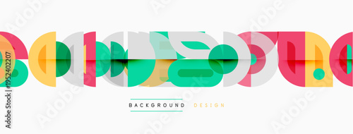 Abstract geometric shapes form colorful text. Modern design elements create dynamic background. Bright hues offer visual interest.