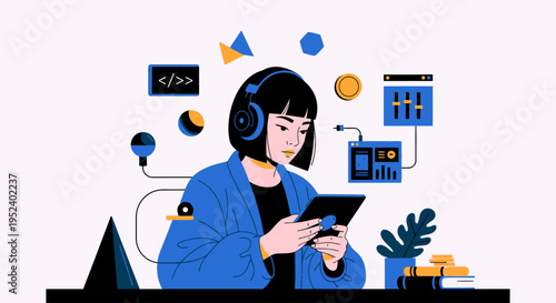 A woman wearing headphones uses a tablet surrounded by floating icons and symbols in an office setting with technology and music.