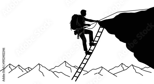 Person climbing ladder to mountain peak with cliff and backpack