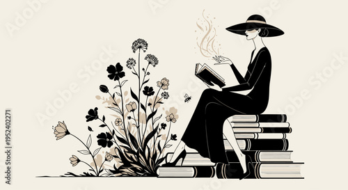 Woman wearing hat sits on books reading next to flowers