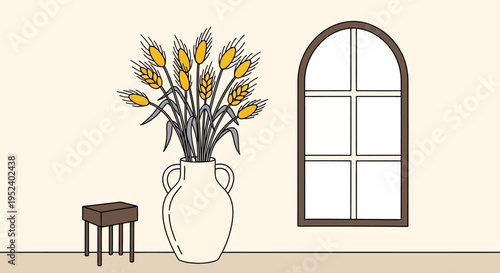 A vase with wheat sits on a table beside an arched window indoors.
