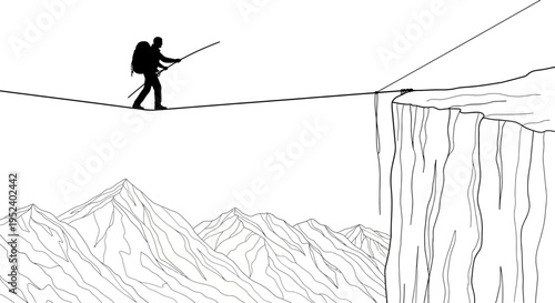 Man crosses high tightrope over mountain cliff with hiking gear and trekking poles